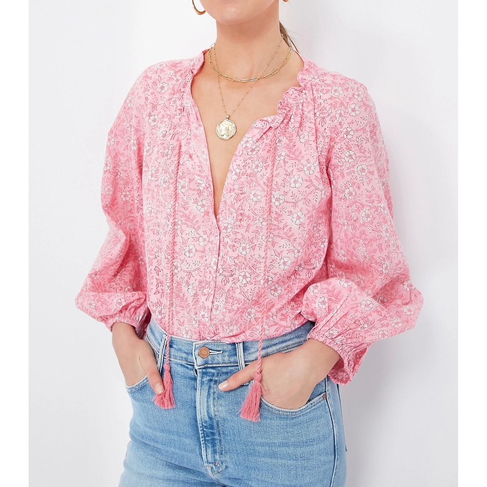 Emerson Fry India Collection Crocus Bardot Top Pink Floral Organic Cotton Small